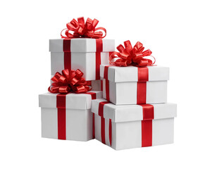 Fototapeta premium White christmas boxes tied with red ribbon isolated on white background. Suitable for marketing or business purposes. PNG file