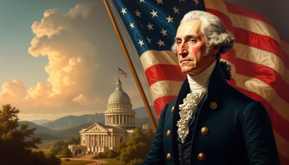 Historic portrait of George Washington. Serious, patriotic mood. American flag behind. Scene shows government building in background. Image evokes history, leadership. Painting likely historical