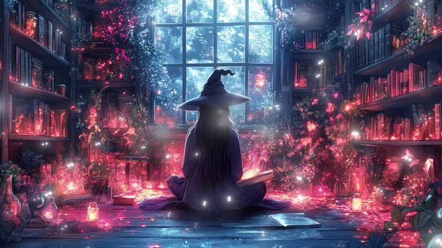 Young apprentice witch immersed in spellcasting within a mystical library glitch stream overlay seamless loop Vtuber streamer asset twitch zoom OBS screen animated wallpaper virtual background