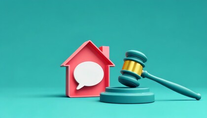 A colorful graphic featuring a gavel beside a house icon with a speech bubble, symbolizing legal matters related to real estate discussions.