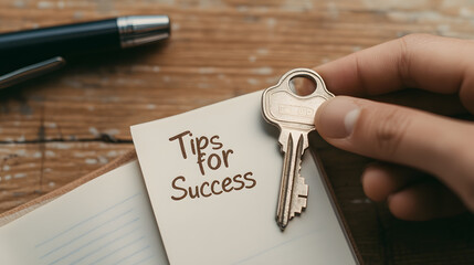 Vintage key with a note labelled ‘Tips for Success’ on an open notebook, symbolising wisdom, guidance, and timeless advice for achieving personal or professional goals