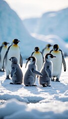 Emperor Penguins with Chicks on Antarctic Ice in Soft Sunlight