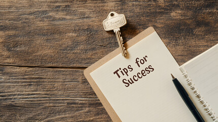 Vintage key with a note labelled ‘Tips for Success’ on an open notebook, symbolising wisdom, guidance, and timeless advice for achieving personal or professional goals