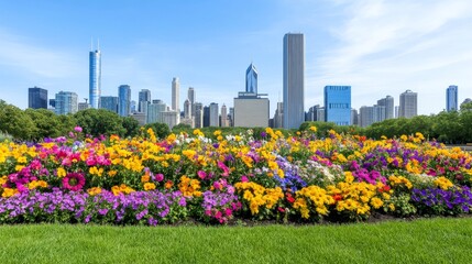 Chicago Skyline and Vibrant Flower Garden: A breathtaking view of Chicago's iconic skyline framed by a vibrant, colorful flower garden in full bloom on a sunny day.