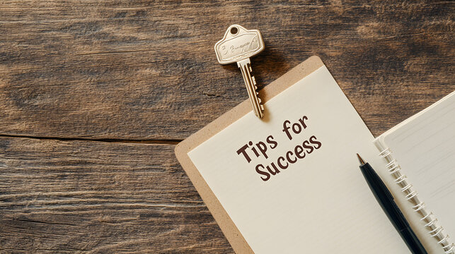 Vintage key with a note labelled ‘Tips for Success’ on an open notebook, symbolising wisdom, guidance, and timeless advice for achieving personal or professional goals