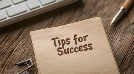 Vintage key with a note labelled ‘Tips for Success’ on an open notebook, symbolising wisdom, guidance, and timeless advice for achieving personal or professional goals
