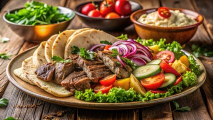Delicious Lamb Shawarma Platter: Grilled Meat, Hummus, Pita Bread & Salad -  Candid Photo