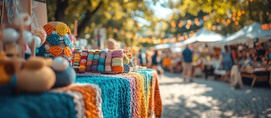 Fototapeta premium Colorful knitted crafts displayed on a table at an outdoor market with blurred background of people walking.