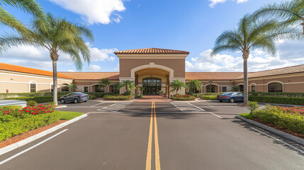 Fototapeta premium Senior care facility exterior with well-maintained garden and welcoming entrance. Emphasizing comfort and dignity in elderly living environments.