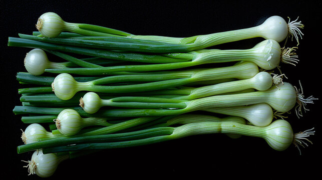 Photo of fresh green onions arranged in a row. The bulbs look clean and shiny, with fine roots and lush green stems