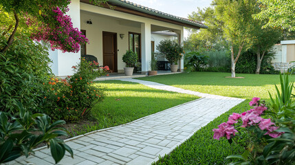 Fototapeta premium Senior care facility exterior with well-maintained garden and welcoming entrance. Emphasizing comfort and dignity in elderly living environments.