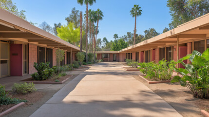 Fototapeta premium Senior care facility exterior with well-maintained garden and welcoming entrance. Emphasizing comfort and dignity in elderly living environments.