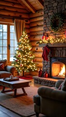 Cozy Winter Cabin Decorated with Holiday Lights and Pine Branches for the Perfect Winter Getaway Retreat