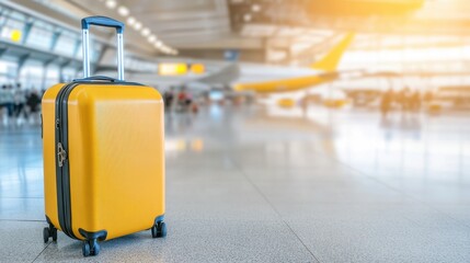 Bright Yellow Suitcase on Airport Terminal Floor with Blurred Background