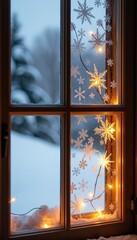 Winter Holiday Decorated Window with Frosty Patterns Holiday Lights and a Snowy View Outside for a Magical Holiday Scene