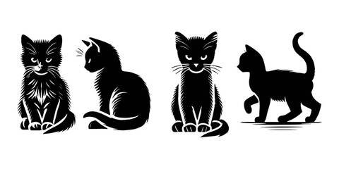 Fototapeta premium set of kittens cat Silhouettes Black and White Illustration Designs on White Background