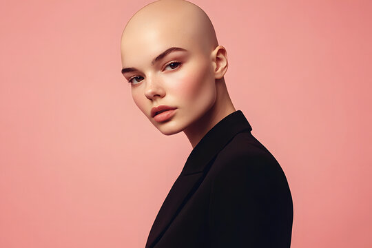Retrato de una modelo calva sobre fondo rosa. Concepto de belleza.