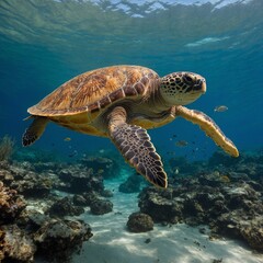 Obraz premium A loggerhead turtle swimming with small fish nearby.