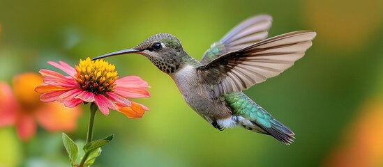 Naklejka premium A hummingbird in mid-flight, feeding on nectar from a pink flower with a yellow center, against a green and orange blurred background.