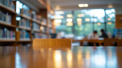 A blurred view of a library interior with wooden tables and bookshelves.