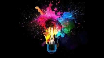 A Lightbulb Exploding with Colorful Paint Splatter