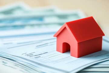 A red toy house sits atop paperwork, symbolizing real estate transactions and home ownership in a financial context.