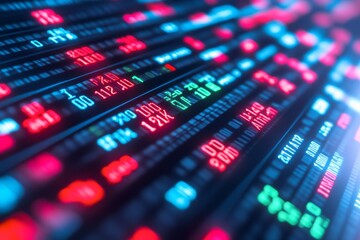 Fototapeta premium A vibrant display of stock market data, featuring colorful numbers and graphs, illustrating real-time financial information and trading activity.