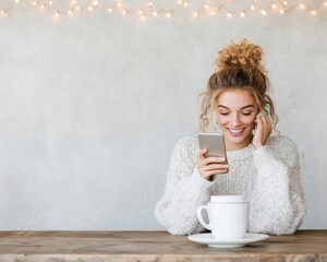 Festive Communication Young Woman Engaged on Phone at Cozy Cafe for National Ding-A-Ling Day and Christmas