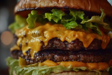 Close-up of a Double Cheeseburger with Melted Cheese and Lettuce