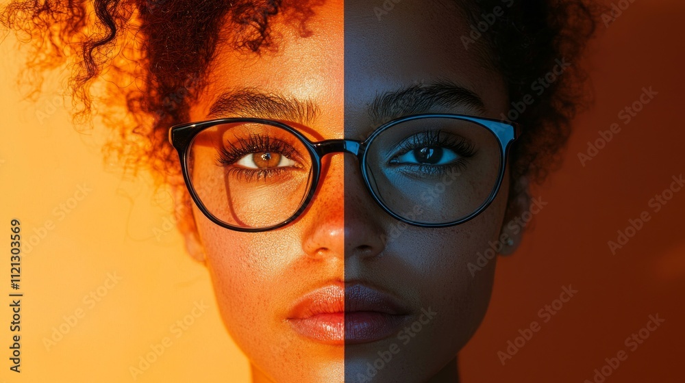 Poster a striking visual representation highlights one side of the face in warm daylight hues and the other