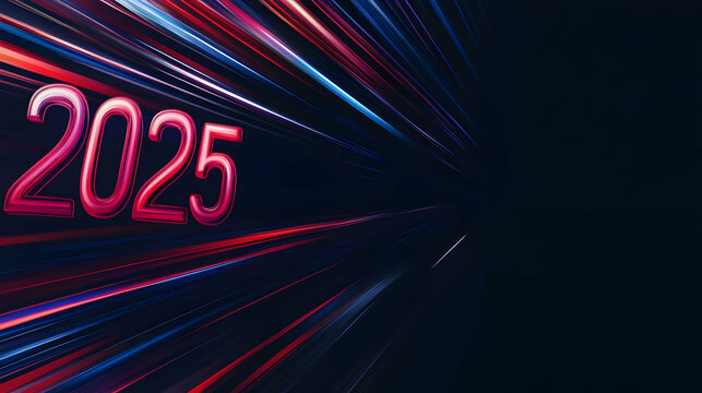 A vibrant graphic representation of the year 2025 with dynamic light streaks.