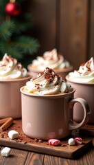 Christmas-Themed Hot Cocoa Bar with Marshmallows Chocolate Shavings and Whipped Cream for a Sweet Holiday Drink
