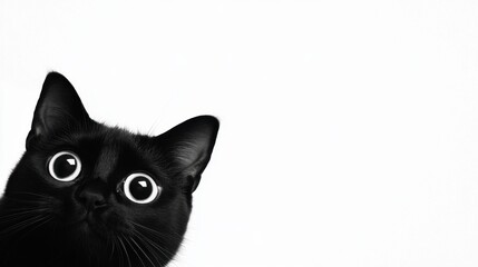Curious Black Cat with Big Eyes Against a Minimalist White Background