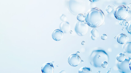 Blue water bubbles and splashes on clean background, aesthetic mockup. Generative AI