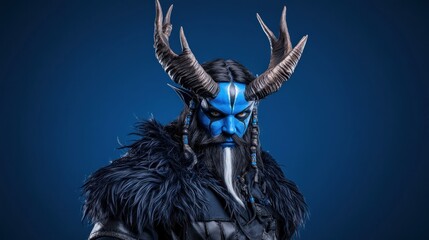 Fantasy character with blue skin, horns, and a fur cloak.