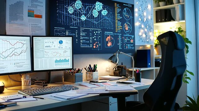 Researcher's workspace with charts and documents, illustrating scientific analysis, data-driven research, academic study, professional investigation and analytical workflow.