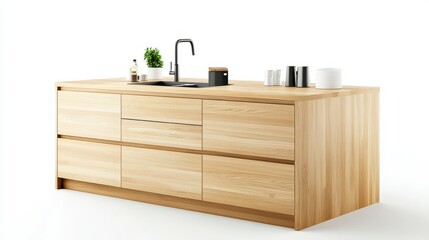 A wooden kitchen island with a sink and a few cups and bowls on top