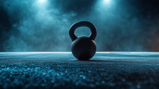 Kettlebell on a dimly lit gym floor with a foggy atmosphere