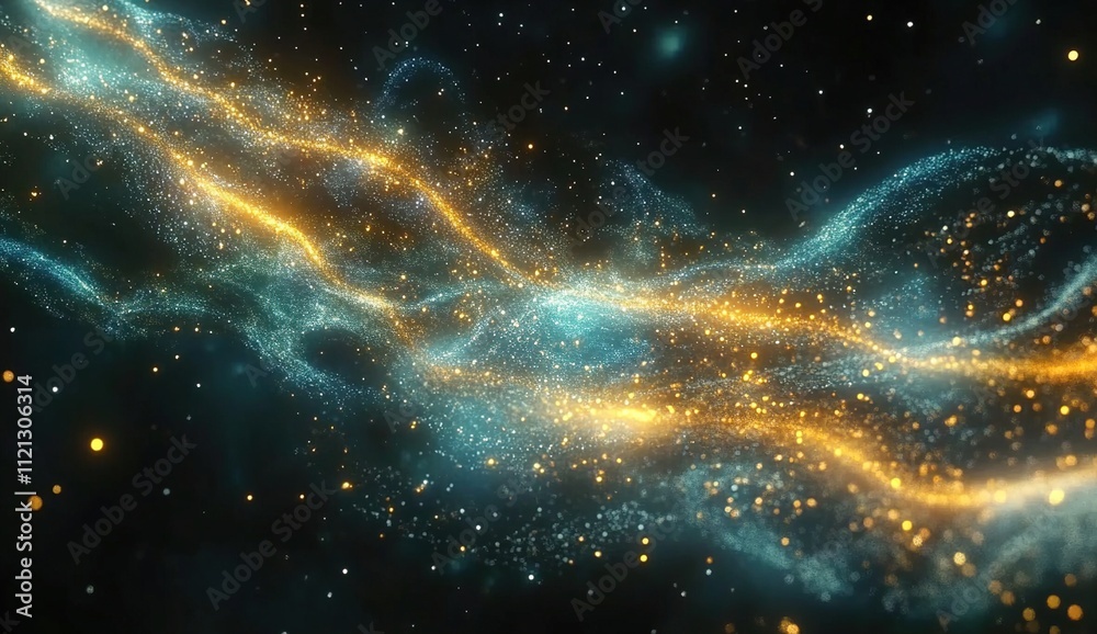 Poster golden and teal particles flow dynamically across the screen in abstract motion