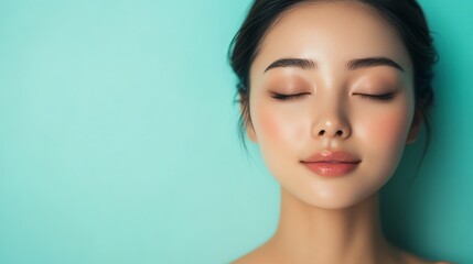 A young woman with flawless skin and closed eyes, against a turquoise background.