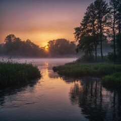Obraz premium A colorful sunrise over a foggy river with silhouettes of trees.