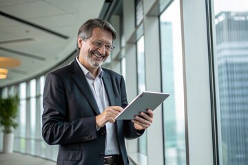 Fototapeta premium Happy middle aged business man ceo wearing suit standing in office using digital tablet. Smiling mature businessman professional executive manager looking away thinking working on tech device