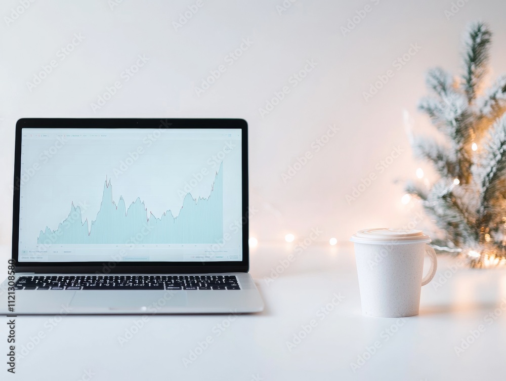 Poster minimalist workspace with currency graph and coffee cup in winter setting