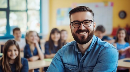 A teacher smiles with pride at his students in a classroom setting.