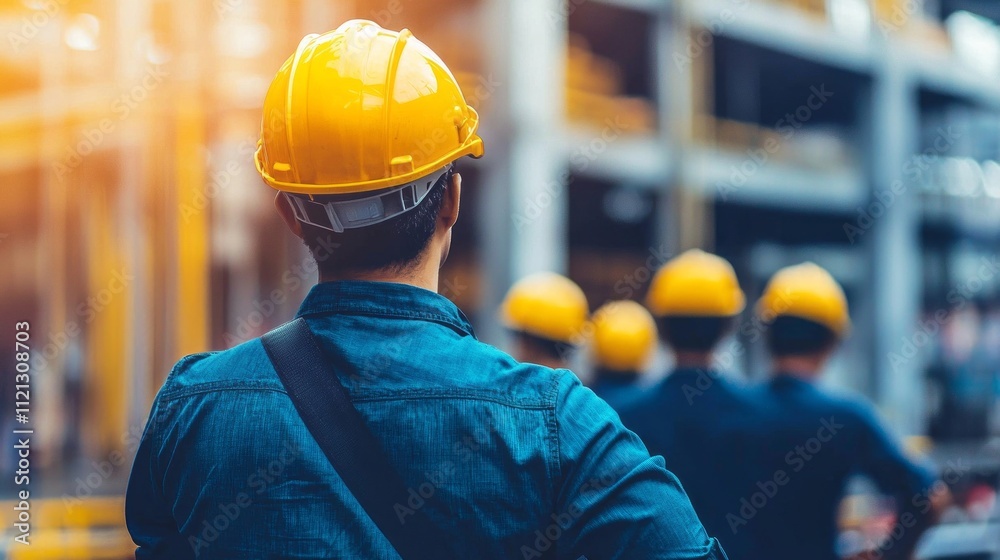 Aufkleber a diverse team of skilled engineers in safety helmets reviews plans on a construction site