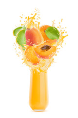 Peach juice in drinking glass, peach pieces, green leaves, drops, splashes, flows levitate on white background, isolated. Healthy fruits for advertising, label product, branding, flyer, card, poster.