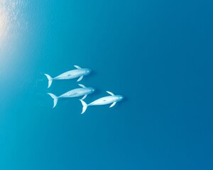Obraz premium Aerial View of Spade-Toothed Whales in Tranquil Ocean at Sunset