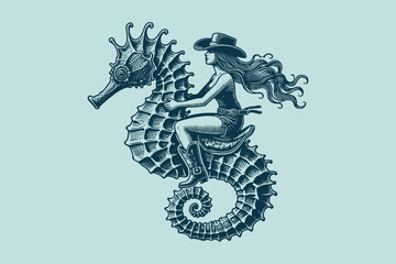 Surreal cowboy woman riding a detailed seahorse. Vintage engraving vector illustration, isolated object  © Victoria