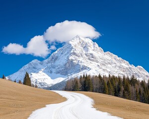 Celebrating International Mountain Day Winter Path to Snowy Peaks, Perfect for Adventure and Earth Day Inspiration