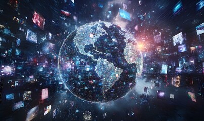 Fototapeta premium Abstract digital globe with global network connections and images of media content floating around it, representing the world's interconnectedness in modern communication technology,